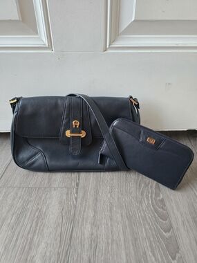 Etienne Aigner Navy Blue Leather Crossbody Bag Wallet Set Gold Logo Genuine EUC